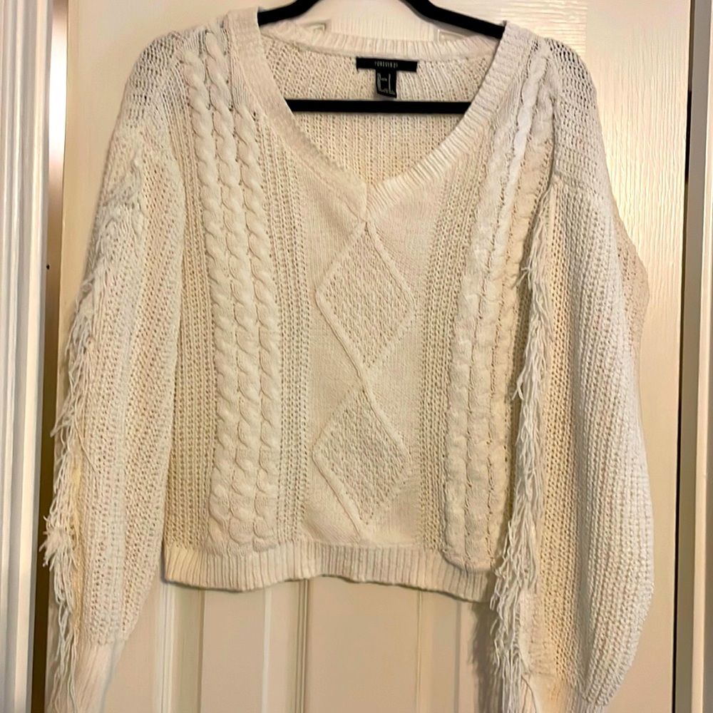 Forever 21 cream sweater with fringe detail on sleeves juniors size s